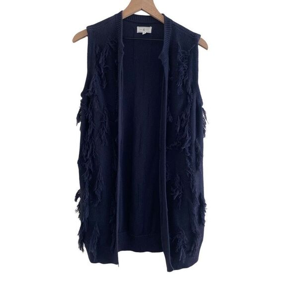 Lou & Grey XS Extra Small Navy Blue Fringe Sweater Vest Knit Open Front - Picture 1 of 8
